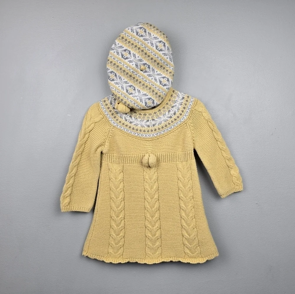 Fair Isle Cable Knit Sweater Dress And Beret Hat Yellow Gray Baby Girl's 6-9 M